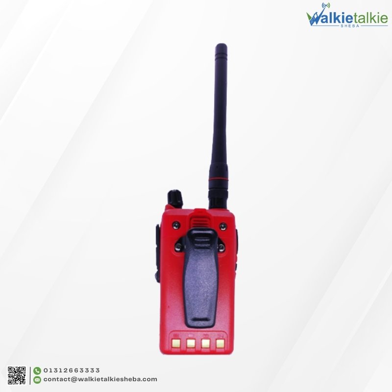 Rear view of the red Aircom AC-245 Walkie Talkie showing the durable belt clip and battery charging contacts.