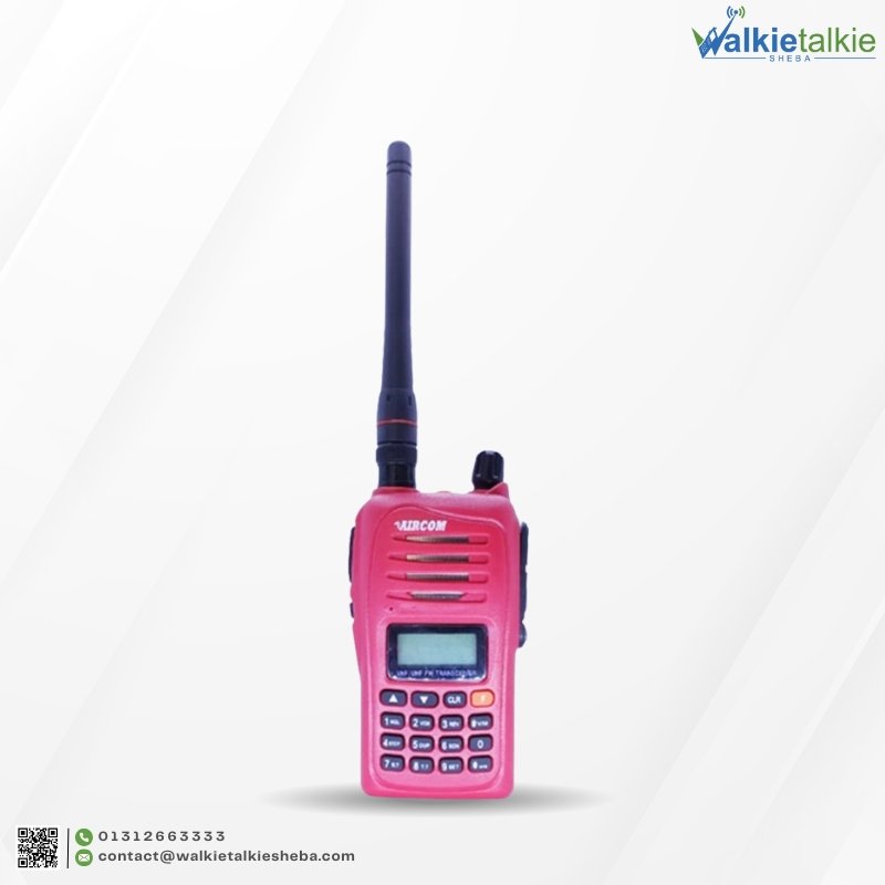 Front view of a red Aircom AC-245 Walkie Talkie handheld radio featuring a long black antenna, digital screen, and full control keypad.