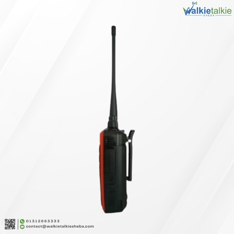 Side profile of the red Aircom AC-245 plus Walkie Talkie showing the durable belt clip and long-range antenna.