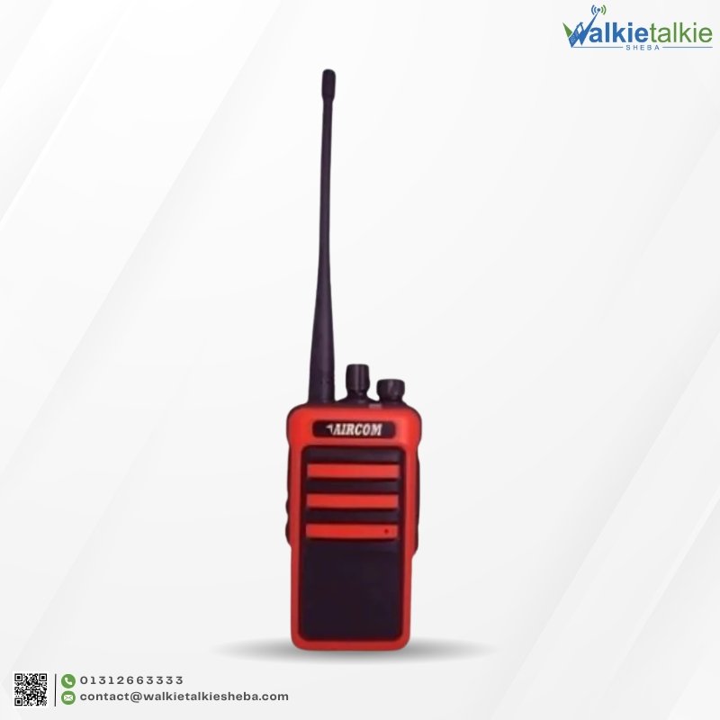 Red and black Aircom AC 245 plus Walkie Talkie heavy-duty two-way radio with long range antenna and rotary controls.