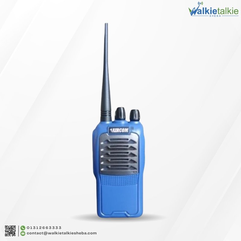 Front view of the blue Aircom AC-379L Plus walkie talkie, showing the black speaker grille, "AIRCOM" logo, and rotary control knobs.