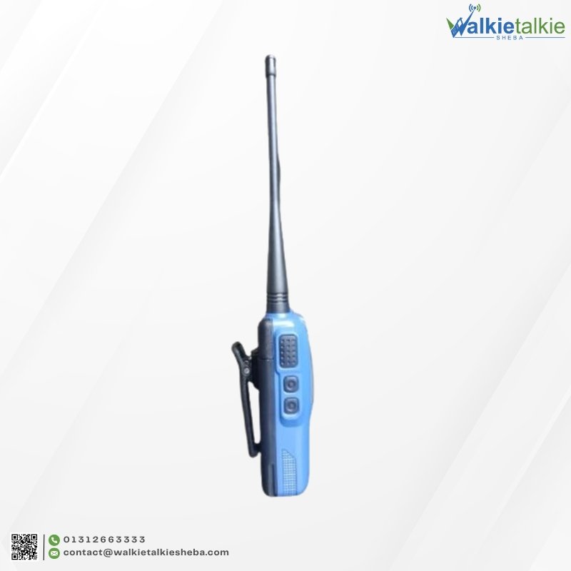 Side profile of the blue AC-379L SBR Walkie Talkie showing the heavy-duty belt clip and high-gain antenna.