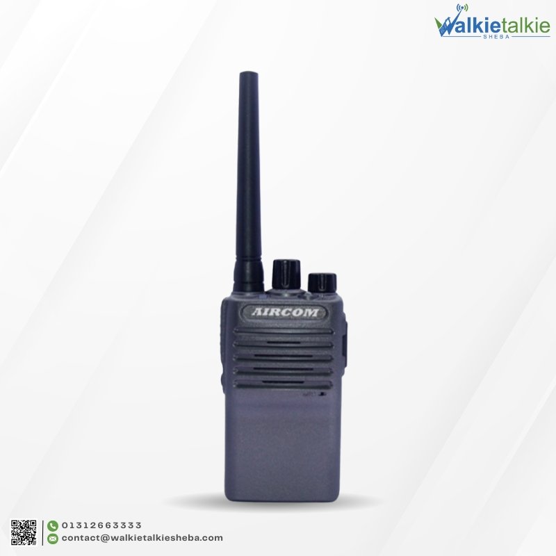 Front view of the Aircom AC-379L SBR Walkie Talkie in a charcoal black finish, featuring a speaker grille and rotary control knobs.