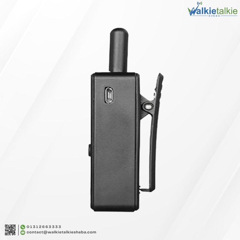 Side profile of the Aircom AC111 Mini Walkie Talkie showing the USB charging port and compact belt clip.