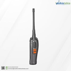 Side profile of the BAOFENG BF-777S Walkie Talkie showing the textured PTT button and distinctive orange side keys.