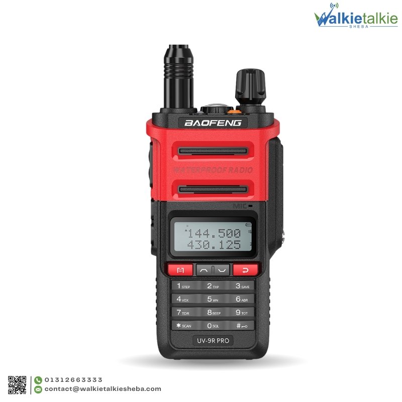 Red BAOFENG UV-9R Pro Waterproof Walkie Talkie dual-band two-way radio with high-visibility IP67 rugged casing.