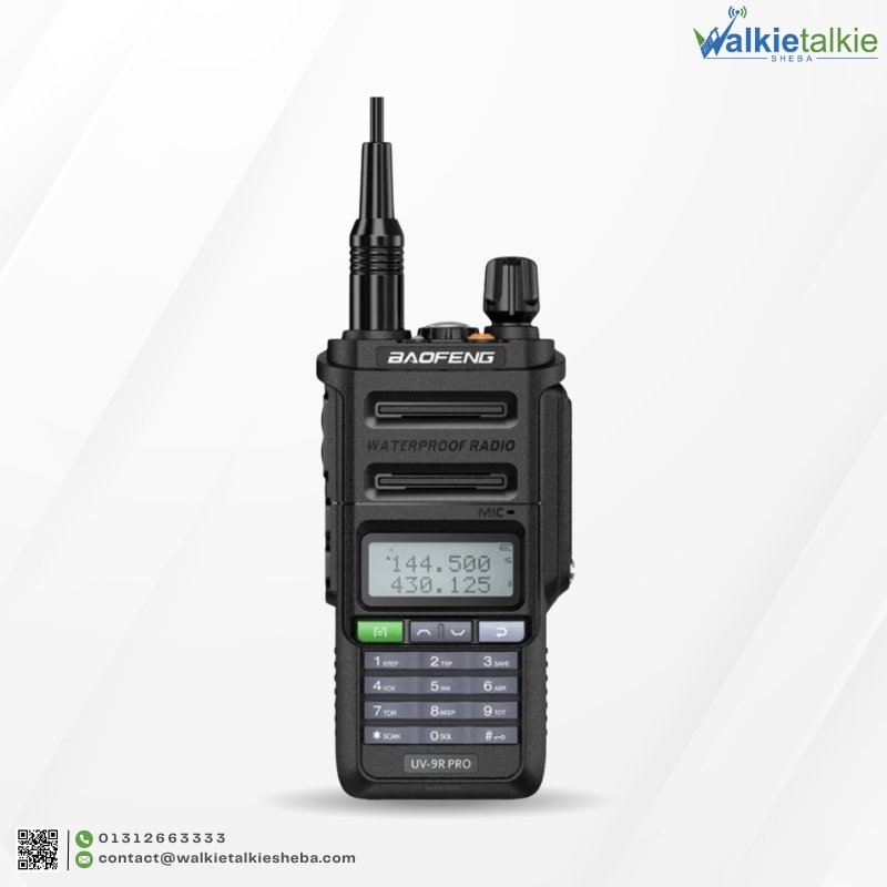 Black BAOFENG UV-9R Pro Waterproof Walkie Talkie dual-band radio featuring IP67 rugged protection and high-capacity battery.
