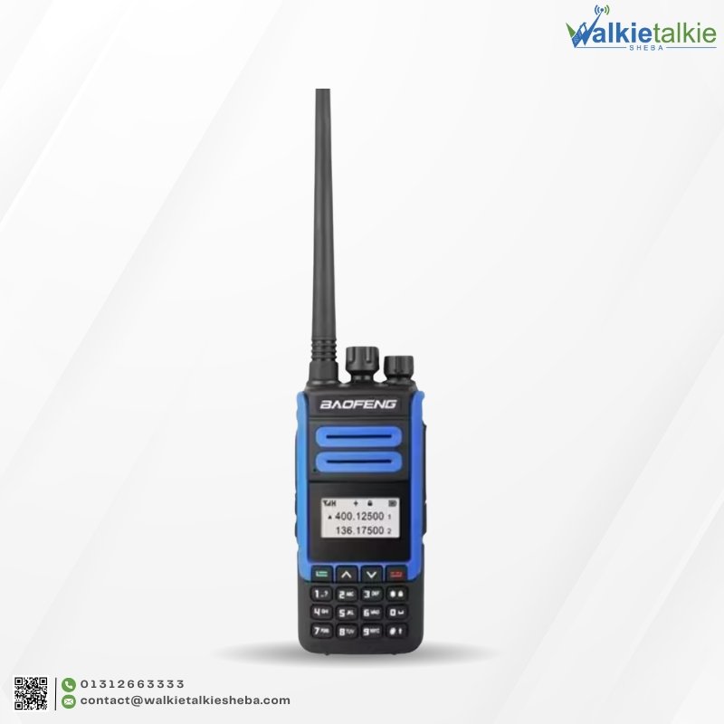 Front view of the Baofeng BF-1802L Walkie Talkie featuring blue side accents, a backlit digital screen showing frequencies, and numeric buttons.