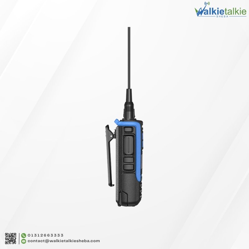 Side profile of the Baofeng BF-1802L Walkie Talkie showing the blue rubberized grip, PTT button, and belt clip.