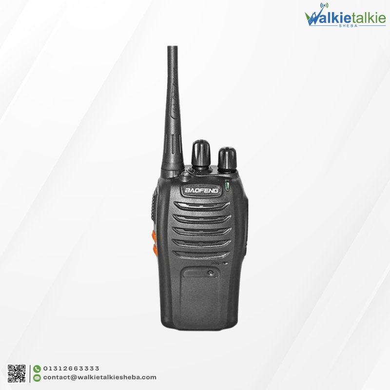 Black Baofeng BF-666S Walkie Talkie handheld two-way radio featuring orange side buttons and a high-gain antenna.