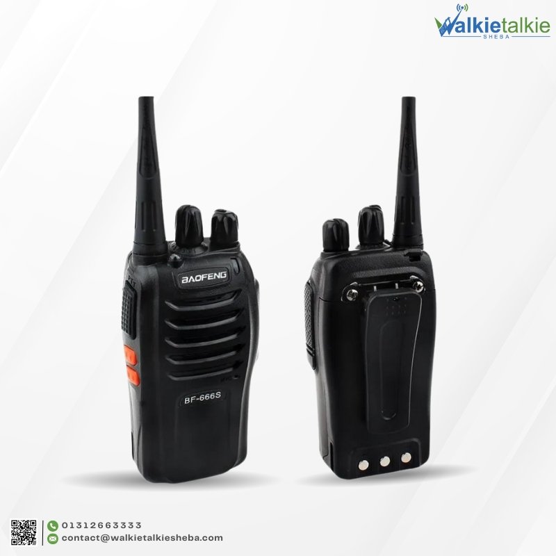Front and back view of the black Baofeng BF-666S Walkie Talkie portable two-way radio featuring a belt clip and rechargeable battery.