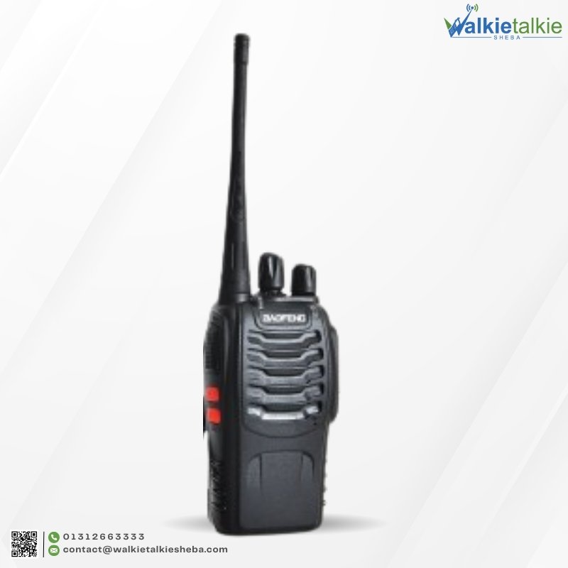 A vertical shot of a black Baofeng BF-888S Walkie Talkie showing the speaker grille, antenna, and control knobs, distributed by Walkietalkie Sheba.