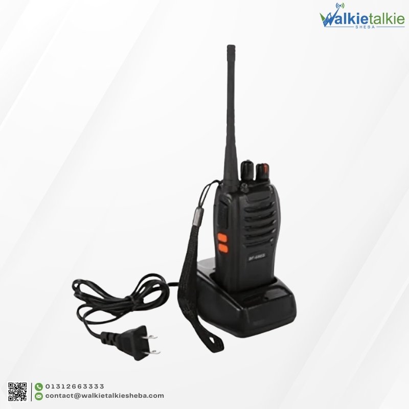 Baofeng BF-888S Walkie Talkie complete set with desktop charging dock, power cord, and attached wrist strap.
