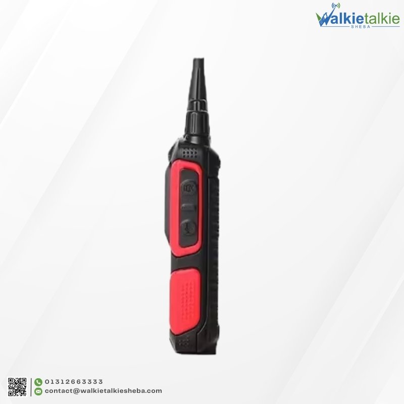 Side profile of the Baofeng BF-999S Walkie Talkie showing the red textured grip and rubberized PTT button.