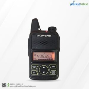 Mini Baofeng BF-T1 Walkie Talkie ultra-compact UHF radio with LCD display, FM radio function, and USB charging.
