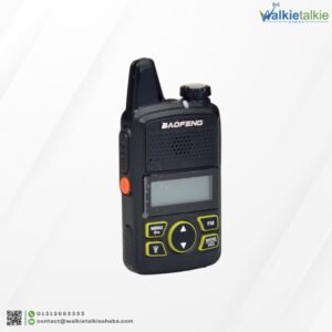 Side profile of the Baofeng BF-T1 Walkie Talkie showing the textured PTT switch and orange SOS emergency button.