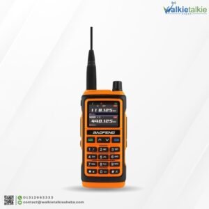 Orange Baofeng UV-17 long-range dual-band walkie talkie with large color LCD display and high-gain antenna.