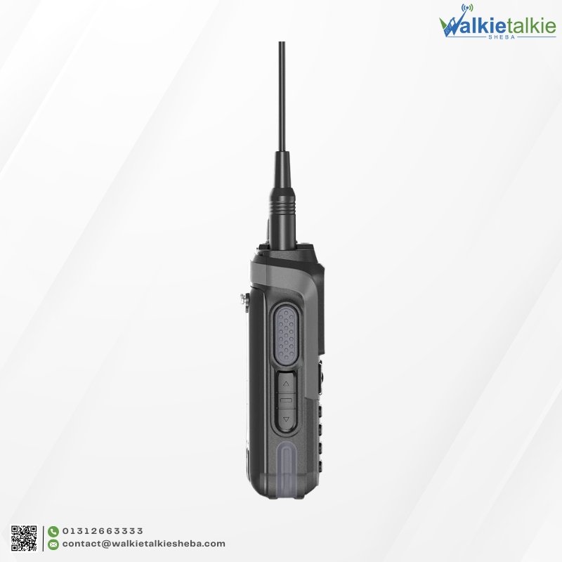 Side profile of the Baofeng UV-21 Pro walkie talkie showing the large textured PTT button and rugged grey side panel.