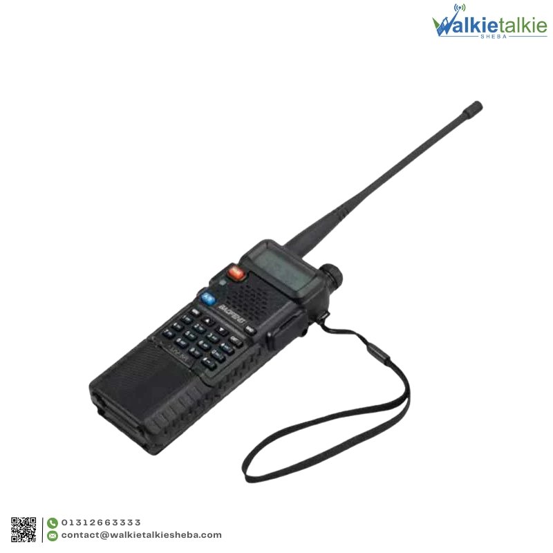Angled view of the black Baofeng UV-5R Walkie Talkie featuring an attached wrist strap and long-range antenna.