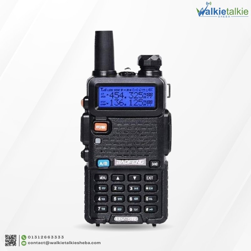 Black Baofeng UV-5R Dual-Band portable two-way radio featuring a blue backlit LCD screen and programmable keypad.