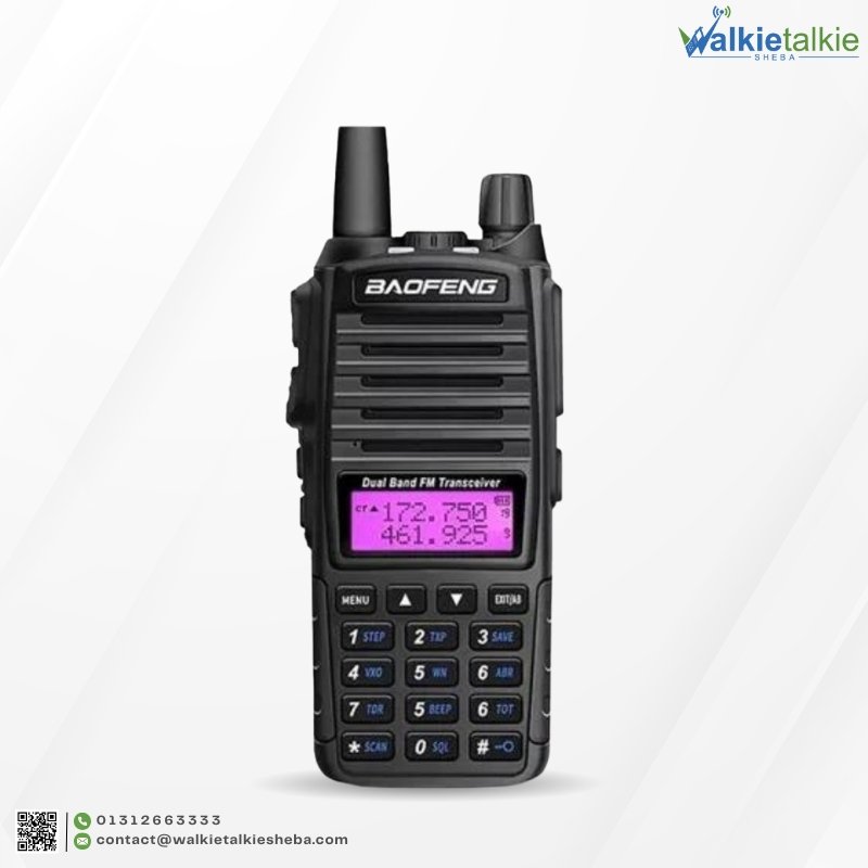 Black Baofeng UV-82 Walkie Talkie commercial-grade dual-band radio featuring a dual-frequency display and durable casing.