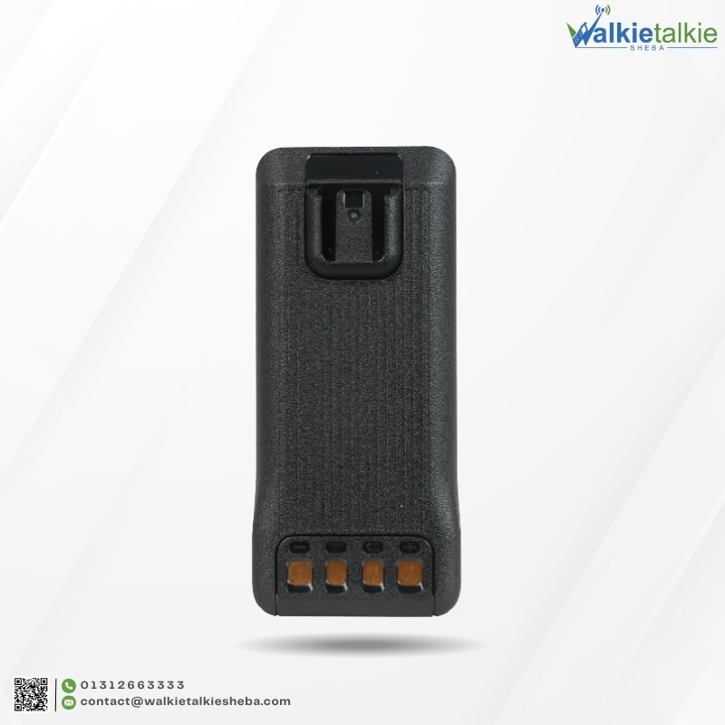 Rear view of the 1500mAh Hytera BL1508 Li-ion battery replacement showing the belt clip latch and gold charging contacts.