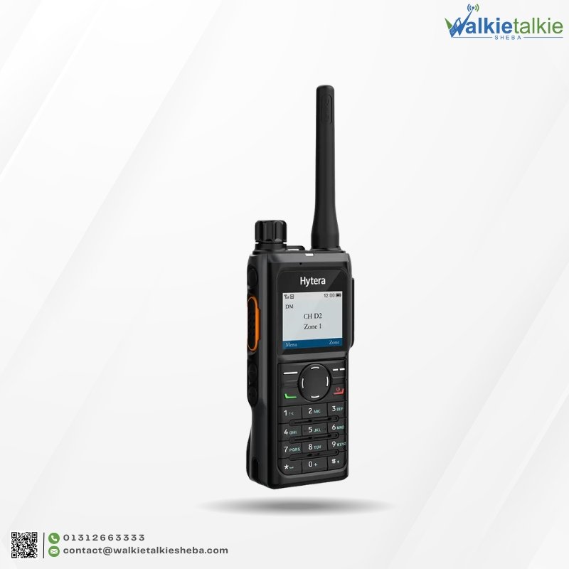 Side view of the Hytera HP68X walkie talkie professional digital radio featuring a color LCD screen and full numeric keypad.