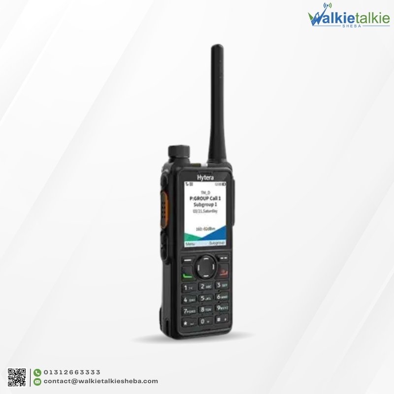 Side profile of the Hytera HP78X Walkie Talkie showing the slim lithium battery, orange PTT button, and ergonomic grip.