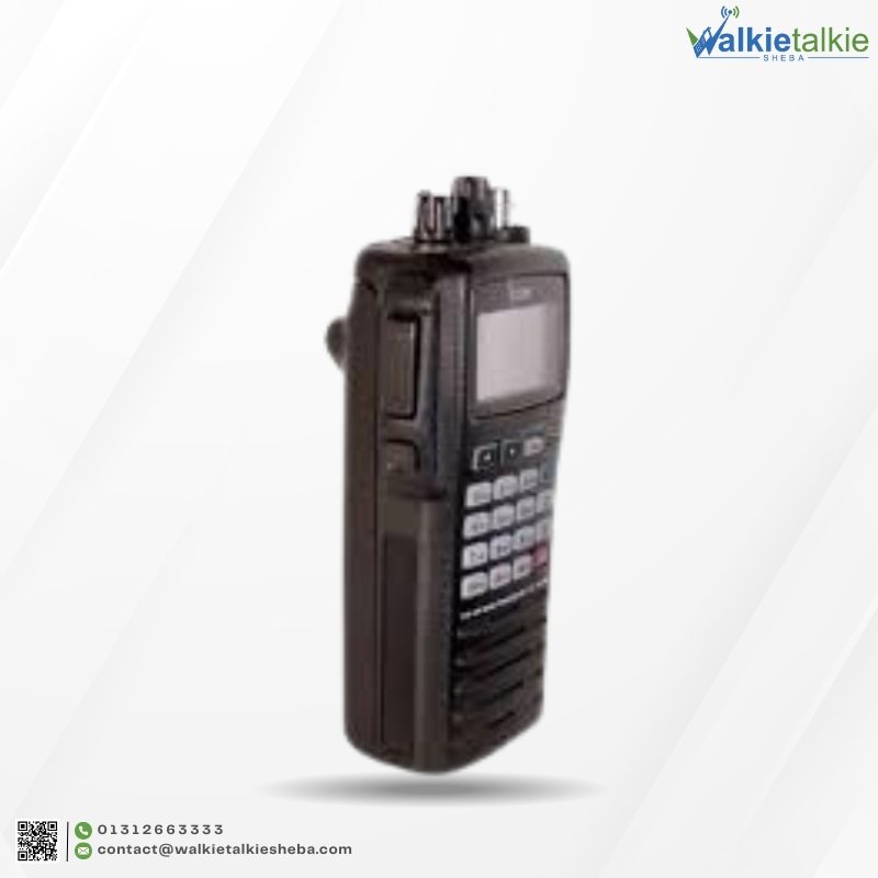 Side view of the black ICOM IC-A24 Walkie talkie, displaying the "IC-A24" model name on screen, a numeric keypad, and top rotary knobs.