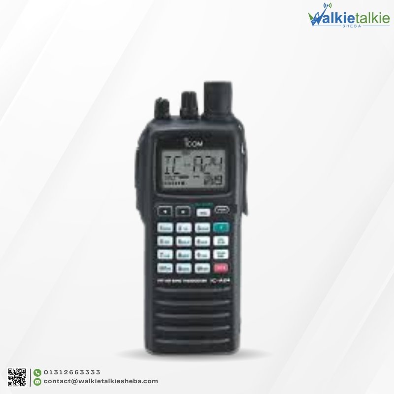 Front view of the black ICOM IC-A24 Walkie talkie, displaying the "IC-A24" model name on screen, a numeric keypad, and top rotary knobs.